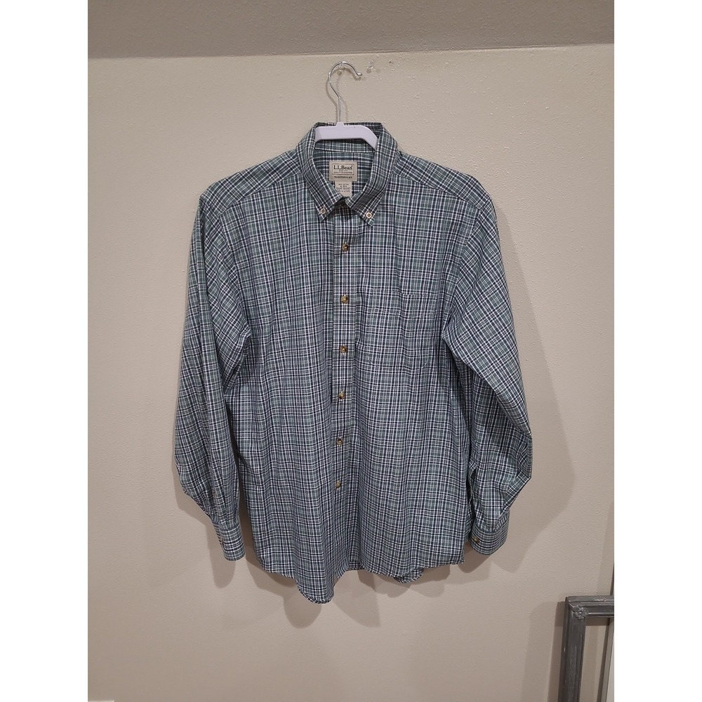 L.L. BEAN Men's SZ M Reg.‎ Button front green blue plaid shirt business casual